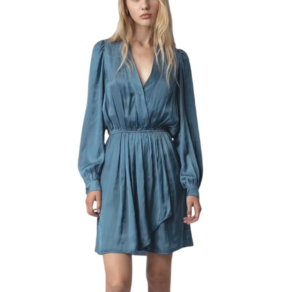 Zadig & Voltaire Remember Satin Mini Dress XS Peacock Blue Long Sleeve NWT